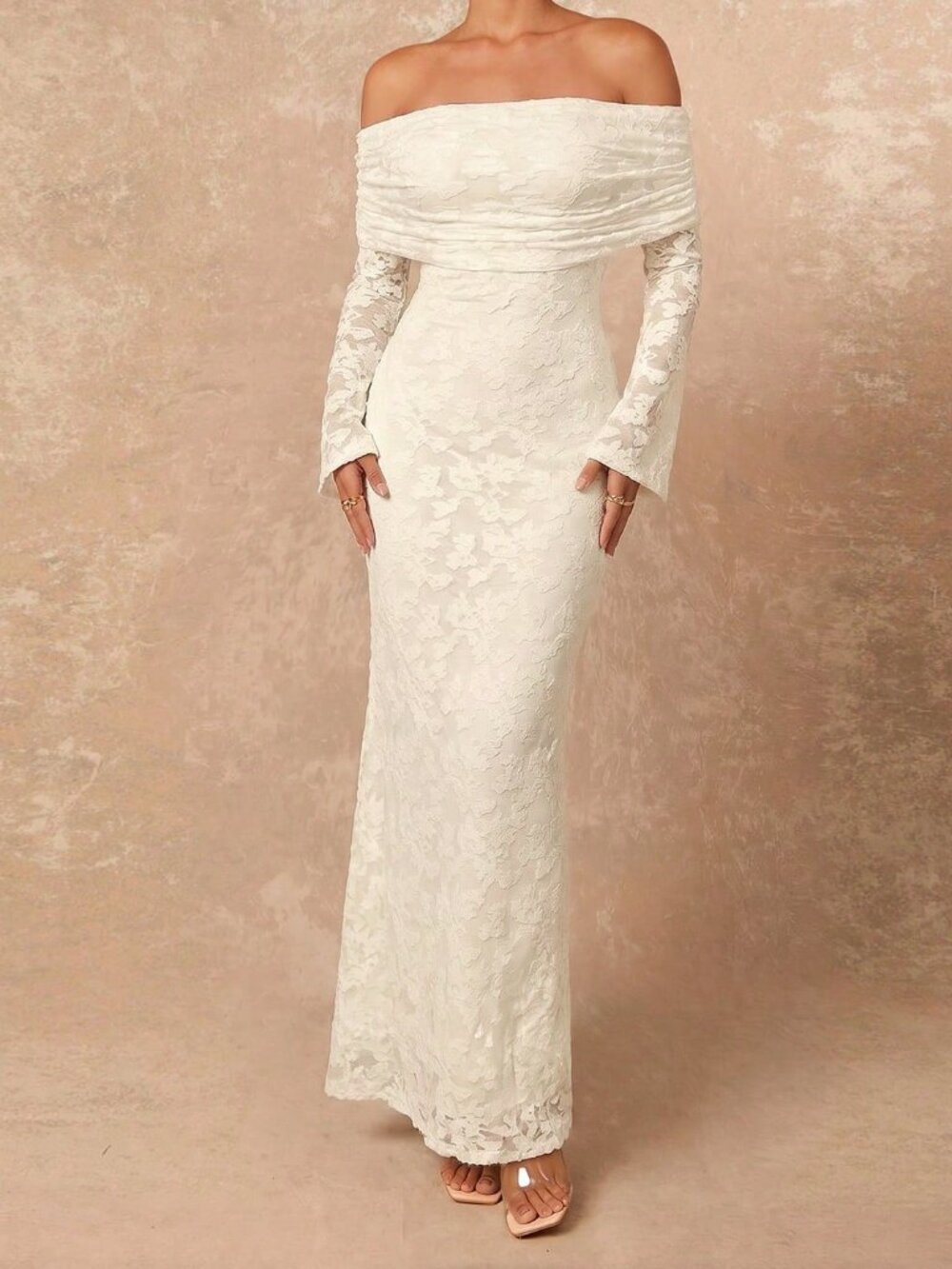 White Elegant Women's Ruched Floral Off-Shoulder Maxi Bodycon Dress